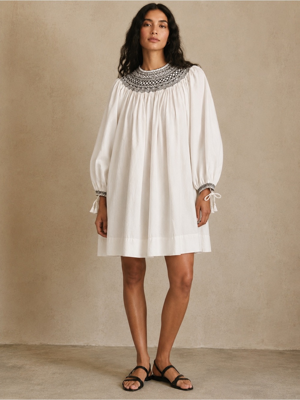 Doen Theda Cotton Poplin Tunic Dress in Salt Embroidered Yoke Lightweight Small
